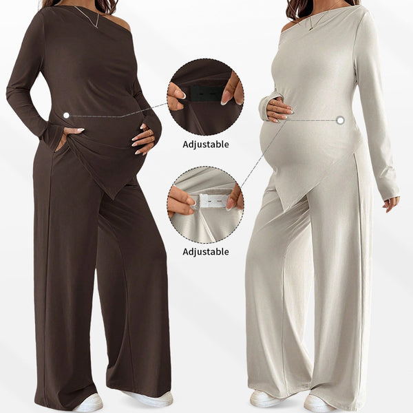 2025 autumn new European and American  one-word shoulder collar asymmetrical hem straight trousers maternity wear casual suit