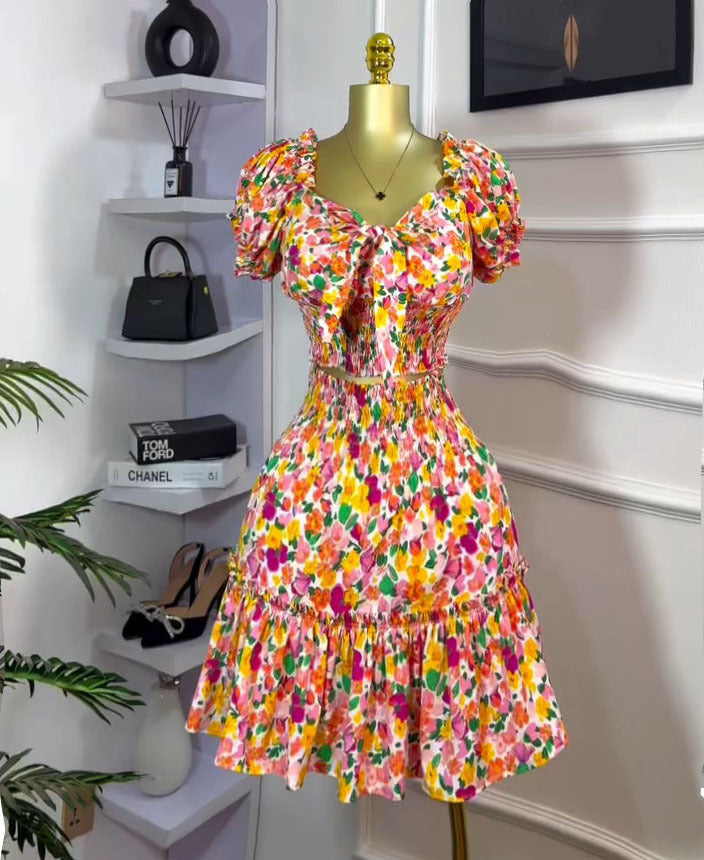 Printed floral shirred waist bow tie sexy european and american african  set skirt and top