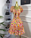 Printed floral shirred waist bow tie sexy european and american african  set skirt and top