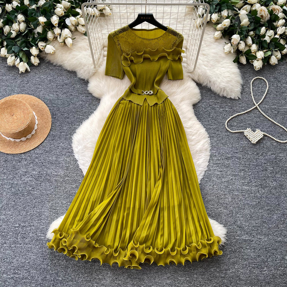 Lightly mature elegance style green pleated mesh dress women's short-sleeved high waist waist pleated long skirt work clothing socialite style