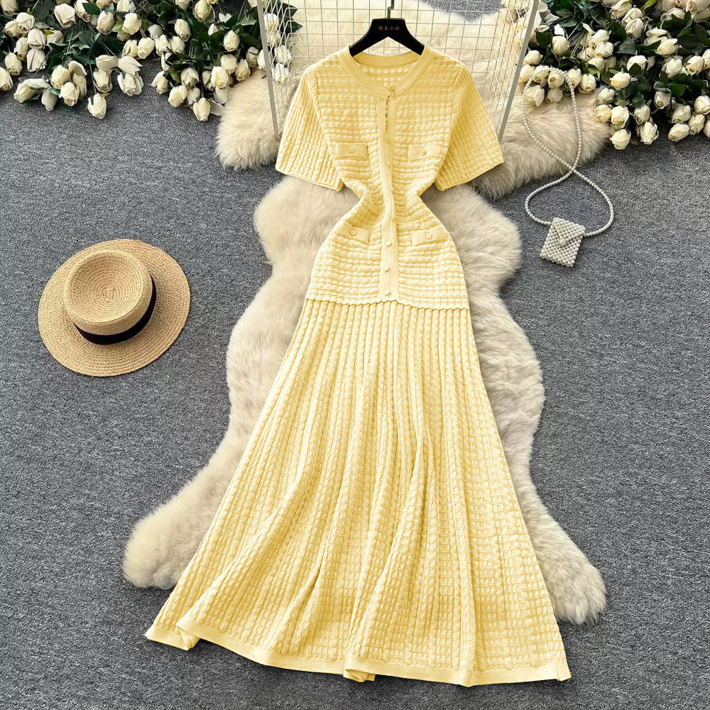 French style chic casual dress - women's short sleeve korean a-line dress - high waist slimming work-ready elegant dress