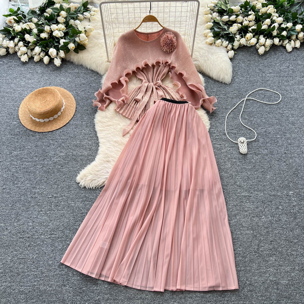 Sense of design stereo flower fungus edge patchworklong sleeves waist tops women's high waist pleated skirt miyake suit