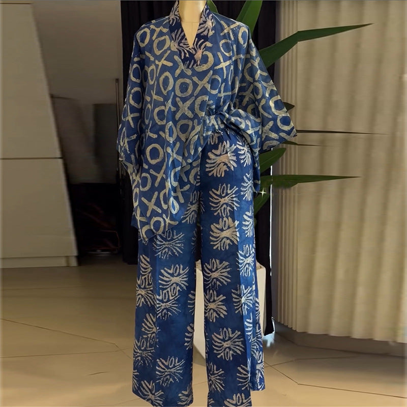 European and american women's clothing  summer new sweet and fresh printed v-neck batwing sleeve high-waisted straight-leg pants two-piece set