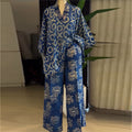 European and american women's clothing  summer new sweet and fresh printed v-neck batwing sleeve high-waisted straight-leg pants two-piece set