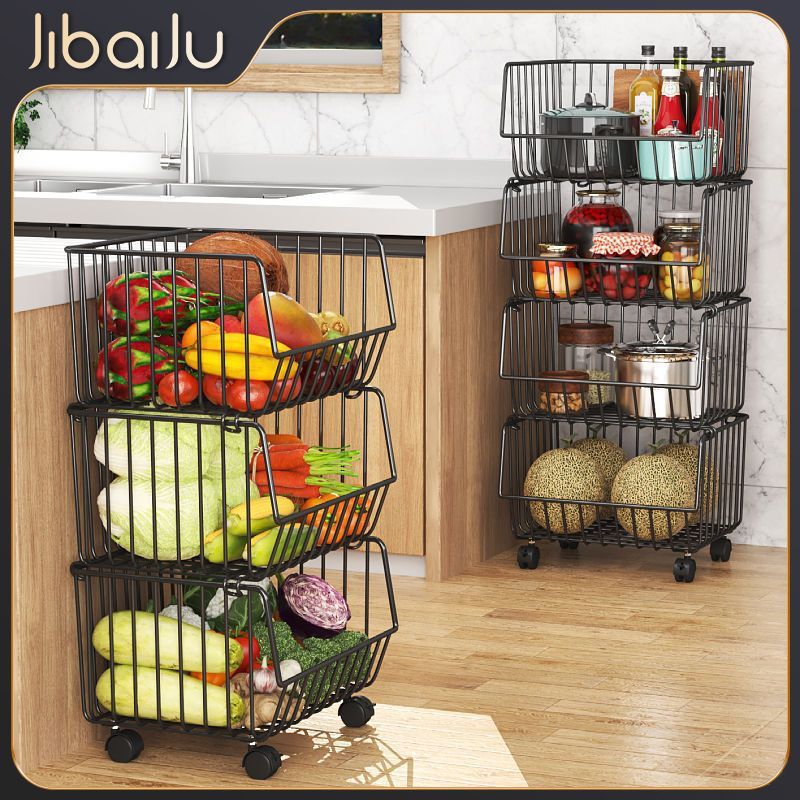 Kitchen basket storage rack, freestanding multi-tier fruit and vegetable organizer, multi-functional oven and microwave rack, pot and pan shelf