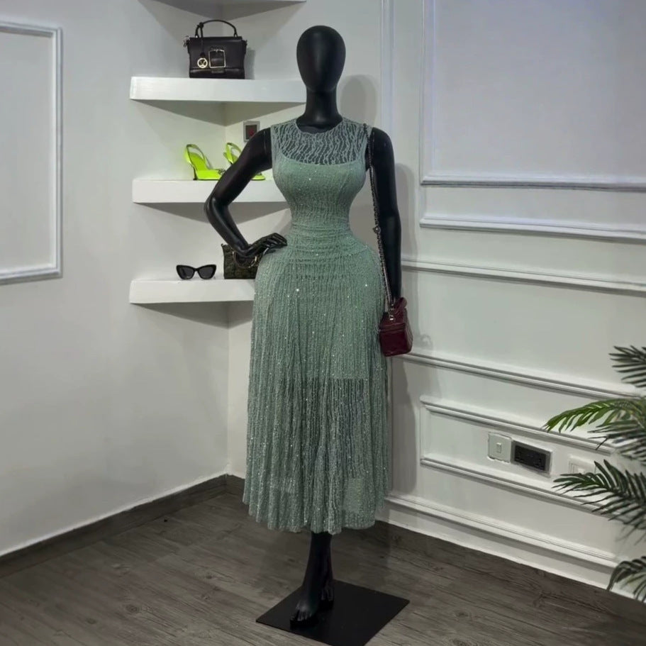 European and american cross-border women's fashion:  summer new arrival - elegant round neck, slim-fit, pleated sleeveless midi dress