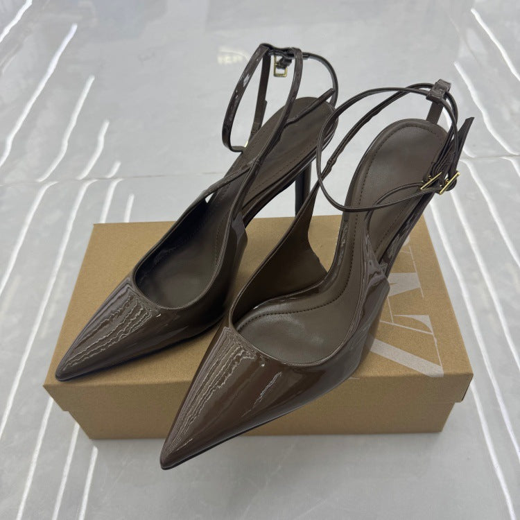 Spanish women's shoes 2025 summer new arrivals: nude stiletto sandals with patent leather effect, pointed toe, open back, and high heels