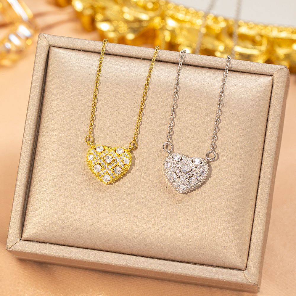 [titanium steel] japanese and korean popular fashion full diamond heart necklace for women, high-end light luxury copper inlaid zirconium clavicle chain accessories