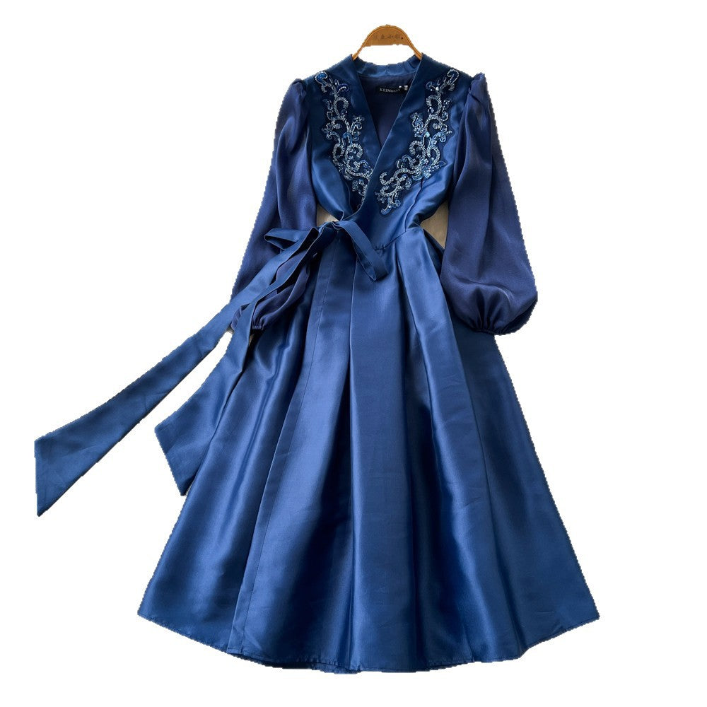 Luxury chic v-neck embroidered elegant dress - women's summer long sleeve tie-waist a-line dress - elegant and refined