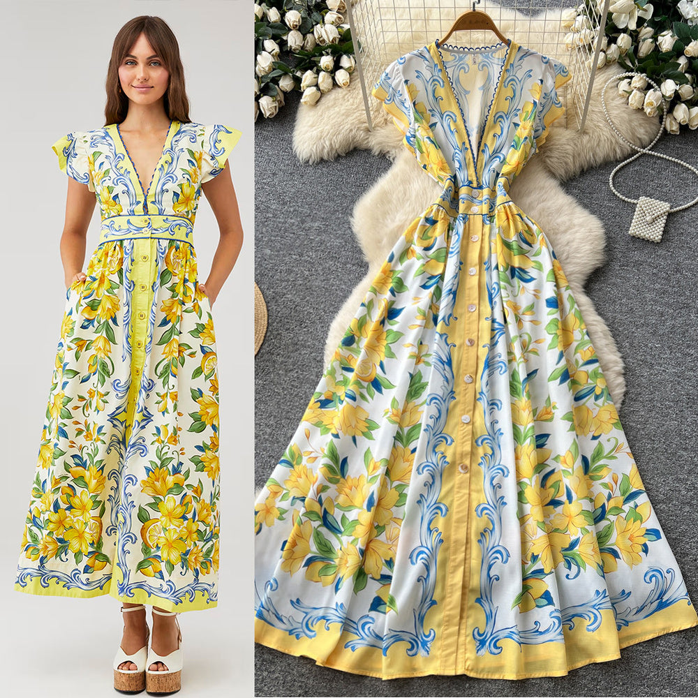 Luxury blue and white porcelain style v-neck sleeveless printed dress - women's new summer collection, slimming a-line maxi dress, elegant