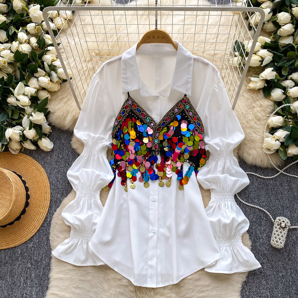 Minimalist chic lantern sleeve sequin cami top - women's exquisite beaded sequin waist-tie versatile high-end blouse