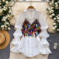 Minimalist chic lantern sleeve sequin cami top - women's exquisite beaded sequin waist-tie versatile high-end blouse