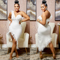 X5907   fashion new product pure colorv neck sleeveless chest wrap feather asymmetrical midi skirt dress