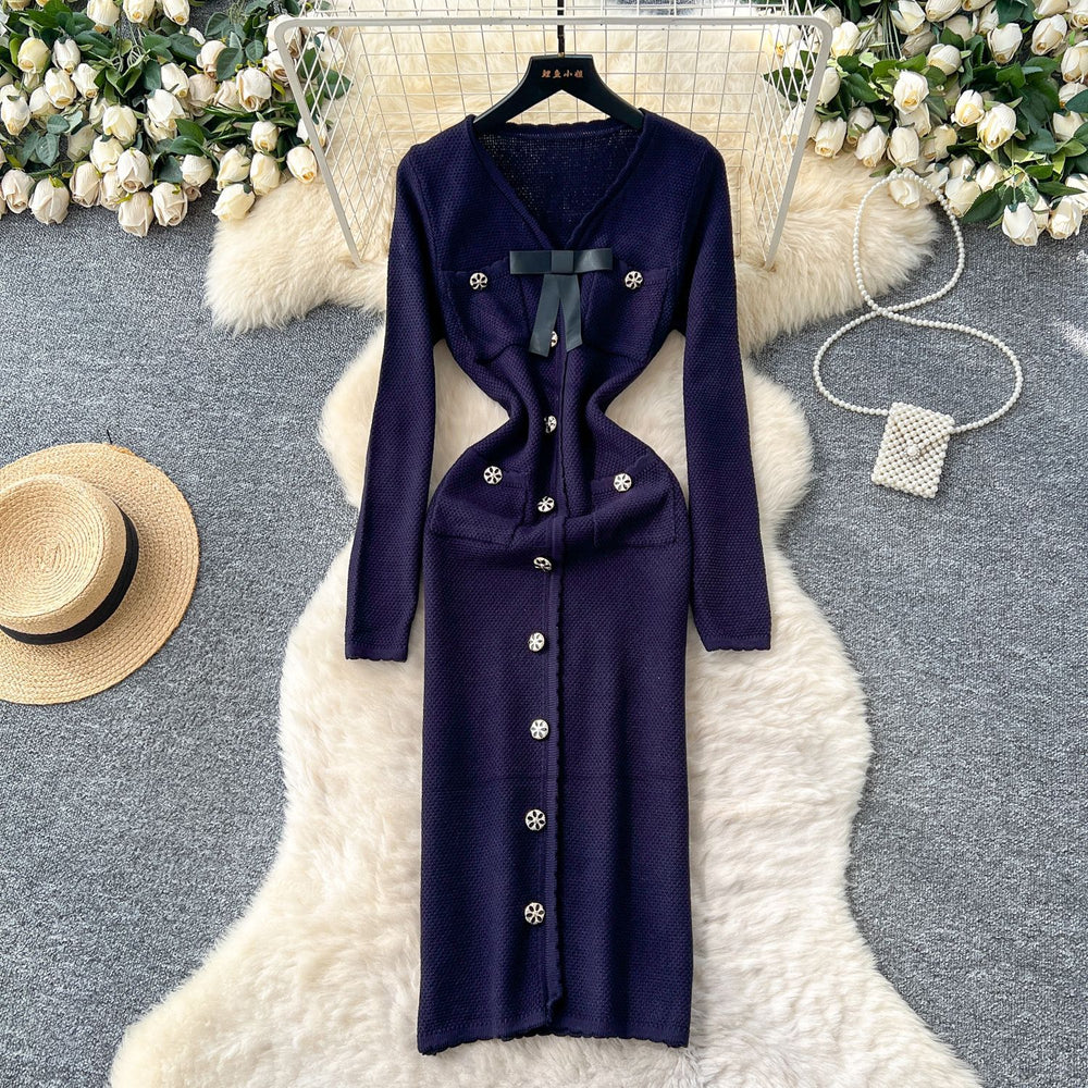 French chic chanel-inspired knit dress with bow and metal buckle detail - autumn layering sweater dress