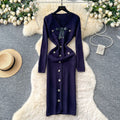 French chic chanel-inspired knit dress with bow and metal buckle detail - autumn layering sweater dress