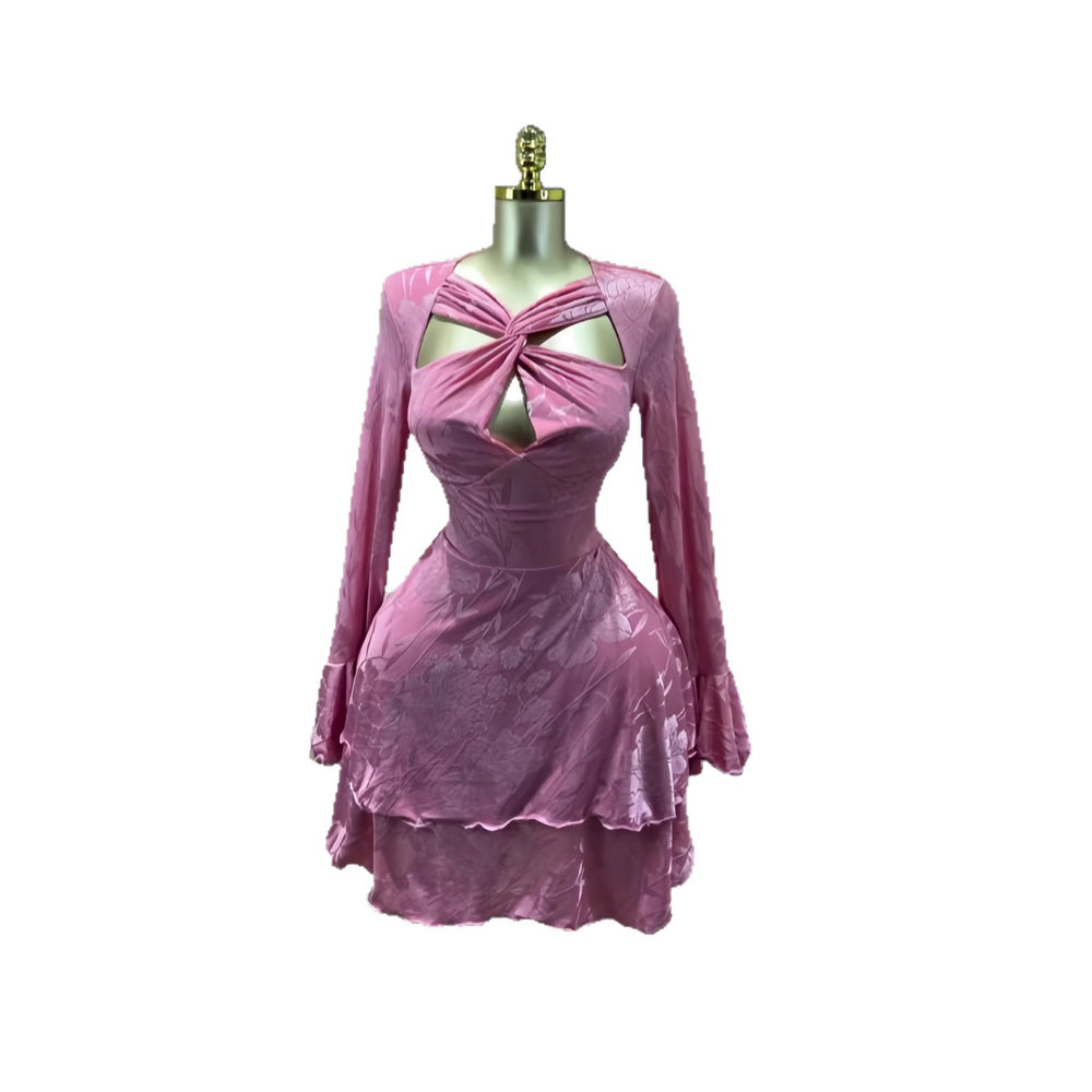 European and american cross-border chic women's spring  new solid color long sleeve crisscross bandeau bodycon mini dress