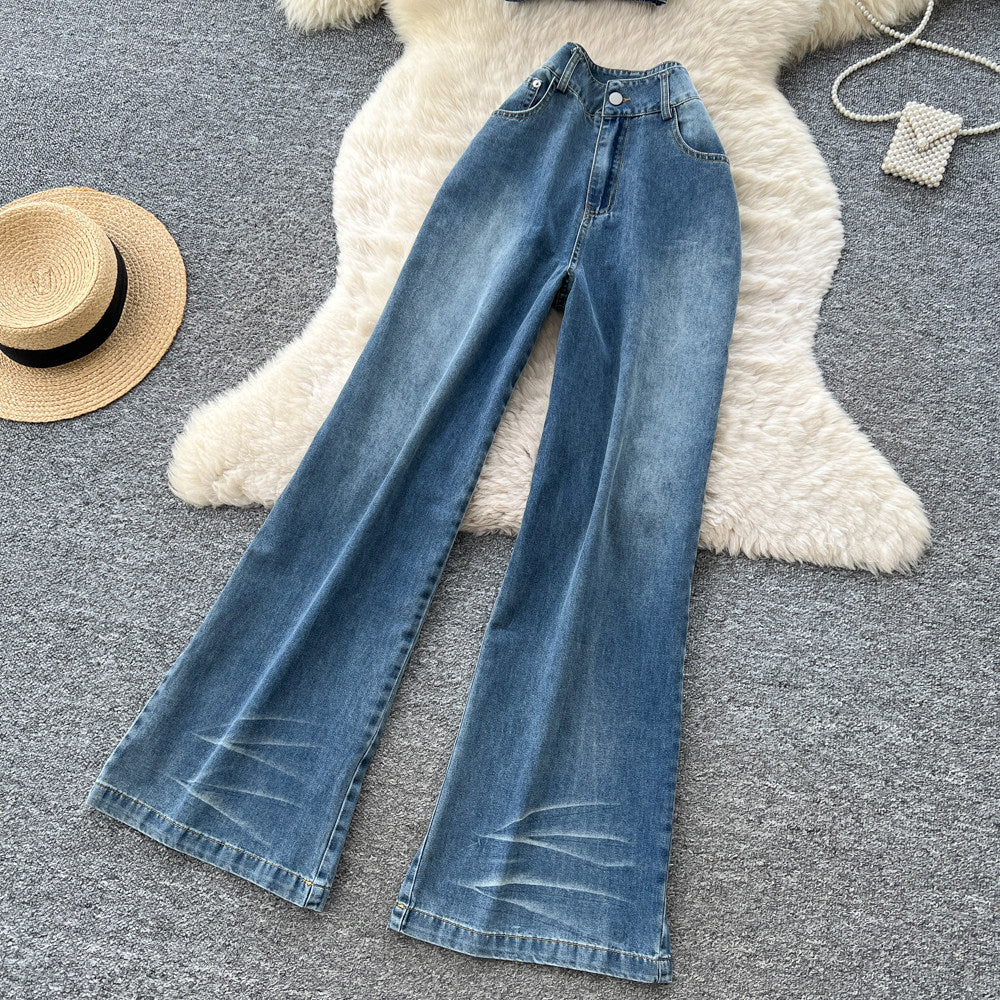 Retro denim casualcasual light mature style two-piece set women's summerhigh waistloose pantsslimming lookstraight-leg vest suit