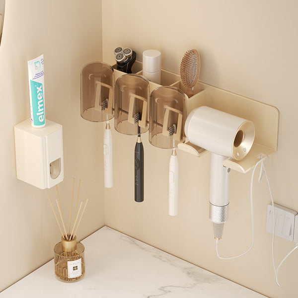 Cream Wind Electric Toothbrush Shelf Hair Dryer Integrated Bathroom Wall Mounted Teeth Cup Mouthwash Cup Shelf