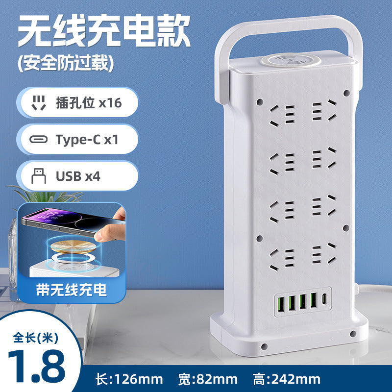 Wireless charging power strip, smart usb fast charging, multi-outlet, multi-function, thickened copper wire, power strip for home, office, and dorm