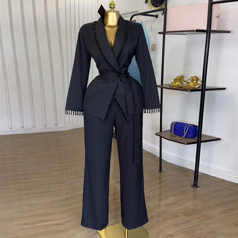 European and american cross-border women's fashion:  autumn/winter new collection - statement blazer with heavy-duty tie detail and wide-leg trousers set