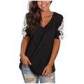 new women's lace short sleeve v-neck t-shirt - relaxed fit casual top with patchwork design