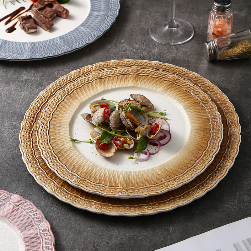 Ins embossed light luxury ceramic dinner plate - nordic high-end style for restaurants, hotels, steak, and dim sum presentation
