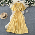 French-style embroidered v-neck dress - women's summer korean style short sleeve slimming a-line maxi dress - vacation ready