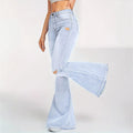 Fashionjeans women's ripped raw edge slightly flared high waist elastic silmslimming look retro washed flared pants spicy