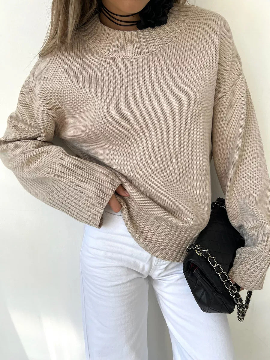 European and American   women's clothing loose women's long-sleeved round neck casual pullover knitted sweater fashionable solid color sweater women