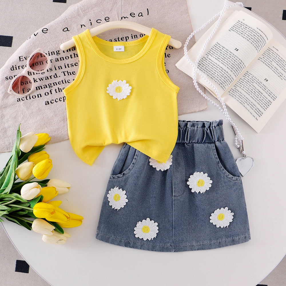 Ebay cross-border fashion girls' summer sleeveless yellow tank top + floral denim mini skirt ruffle set