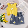 Ebay cross-border fashion girls' summer sleeveless yellow tank top + floral denim mini skirt ruffle set