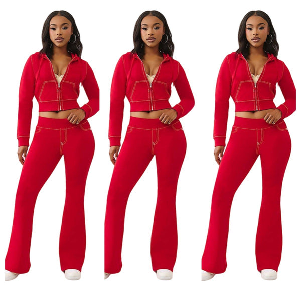 YD8832 European and American women's clothing, 's new, fashionable and casual solid-color hooded cardigan two-piece set