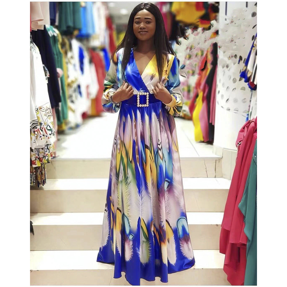 Kayaat clothing new arrival waist slimming look tall and slim oversized graffiti chiffon v neckdress african women's clothing plus size