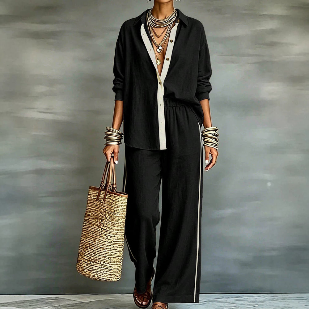 Exportplus size relaxation work clothing set retro gray linen shirt elastic waist side strips wide leg pants two-piece set