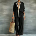 Exportplus size relaxation work clothing set retro gray linen shirt elastic waist side strips wide leg pants two-piece set