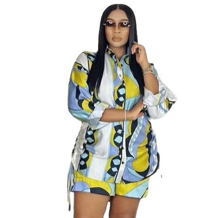 European and American large size fashion lapel print long-sleeved cardigan shirt African foreign style women's loose casual shorts set