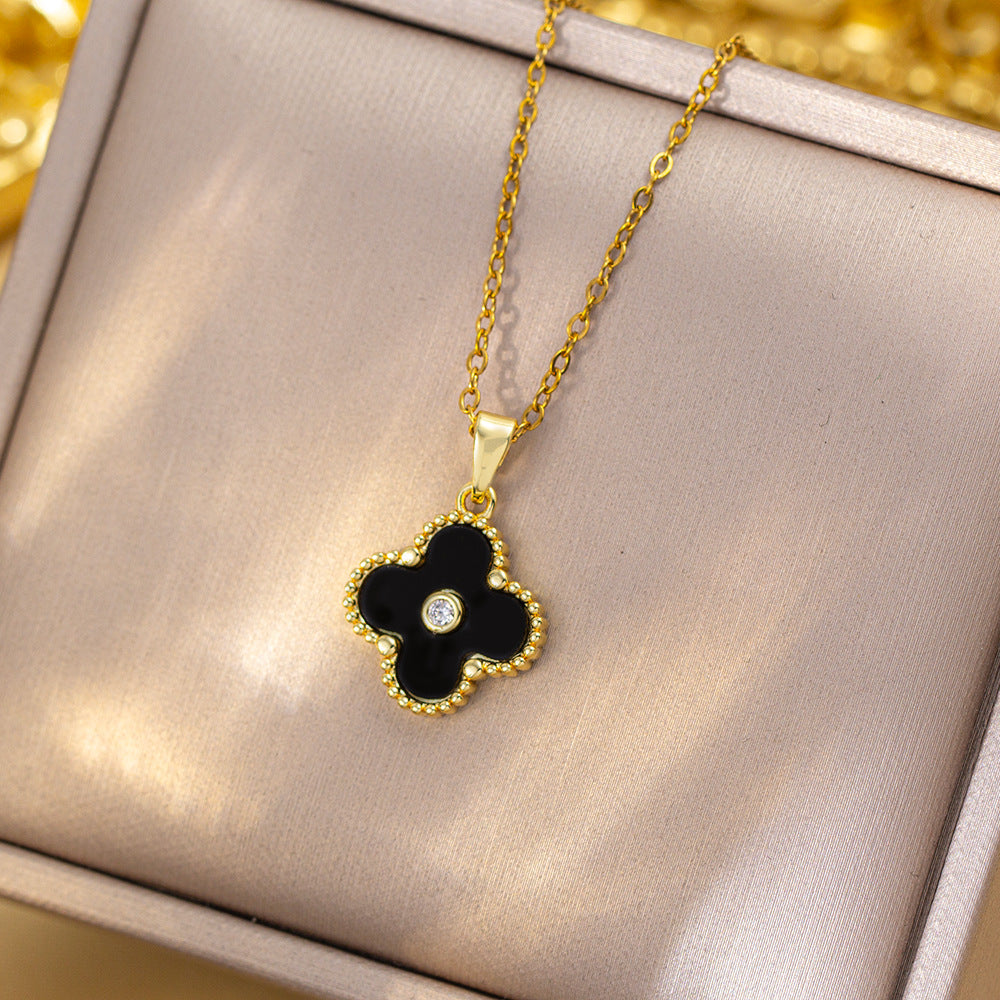 Copper inlaid zirconium four-leaf clover necklace for women, titanium steel real gold plating popularinsfashion flower exquisite sweater chain jewelry