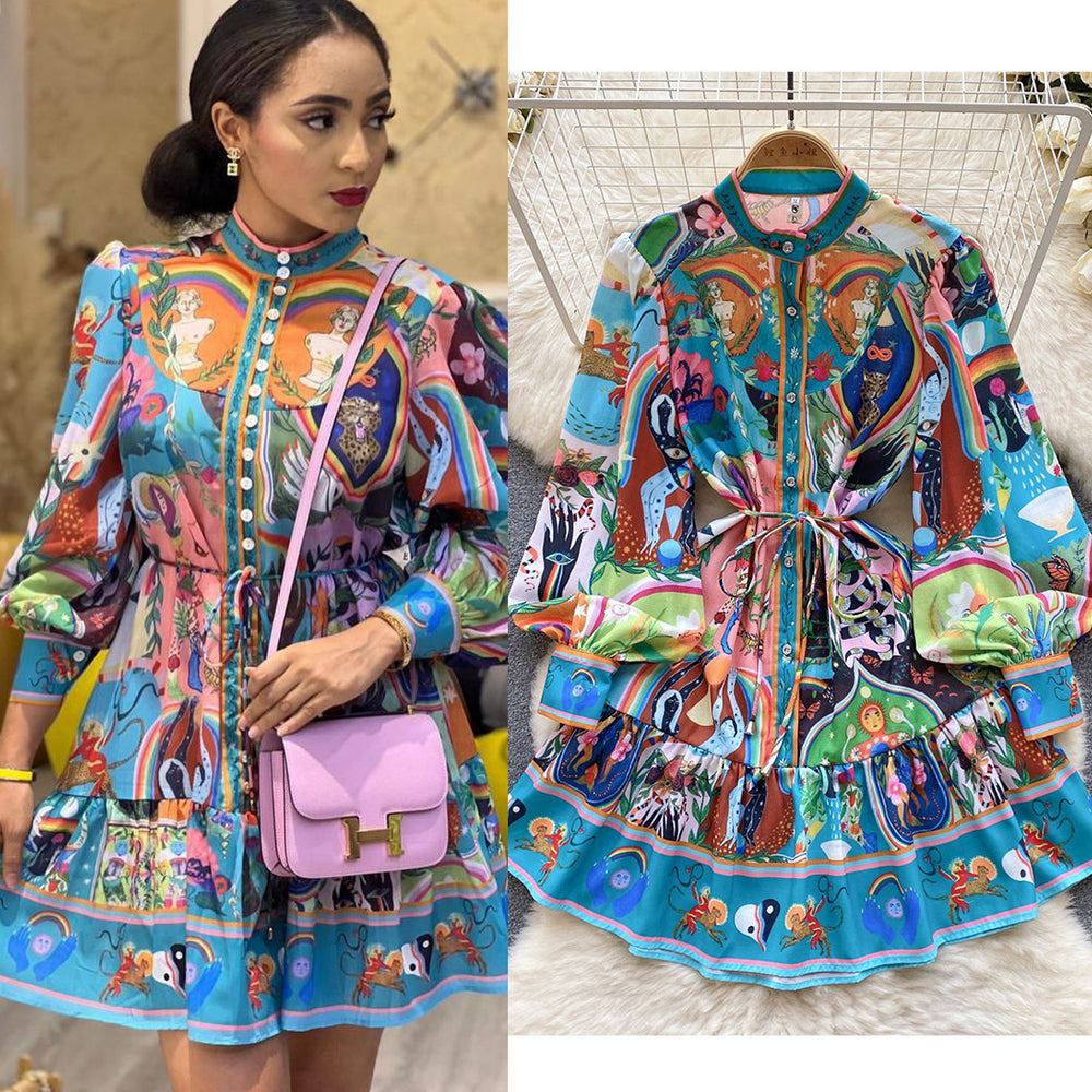 Super fairy seaside vacation v neck floral dress women's summernew arrivaltie back waist large hem pleated fairy skirt