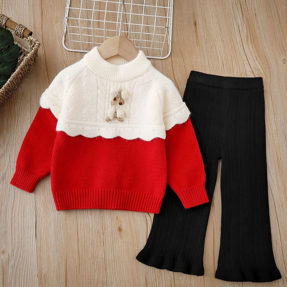 Girls' knitted sweater two-piece set: round neck, handmade floral detail, autumn/winter  new collection, pullover knitwear outfit for little girls