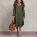 Women's vacation-ready slip dress: relaxed fit, v-neck, slit hem, ruffle trim, midi length - wholesale available