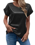 Women's short-sleeve satin blouse - relaxed fit, versatile crew neck, satin shirt - cross-border   new arrival