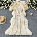 Order korean style gentle style cut out crochet knittingdress women's waist strap over the knee suspender bottom skirt suit