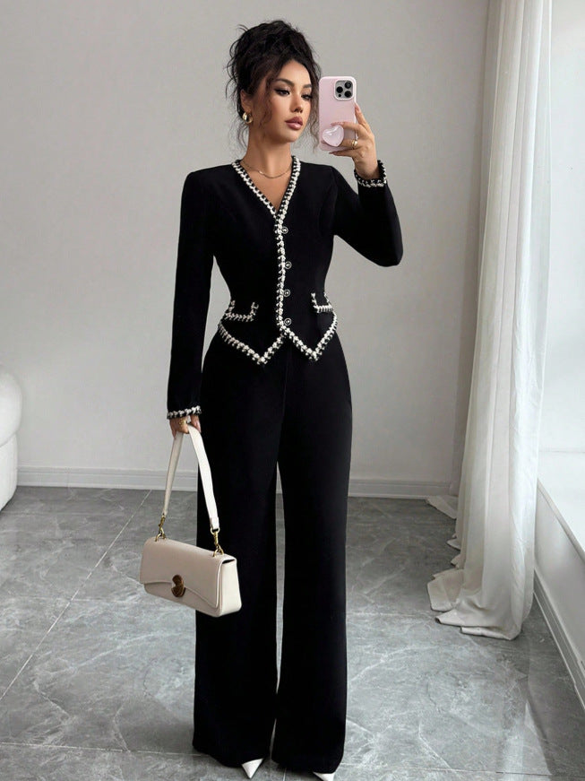 european and american new black chanel-style two-piece set: v-neck ribbon trimmed waist-cinching suit jumpsuit