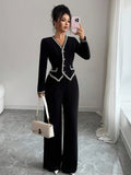 european and american new black chanel-style two-piece set: v-neck ribbon trimmed waist-cinching suit jumpsuit