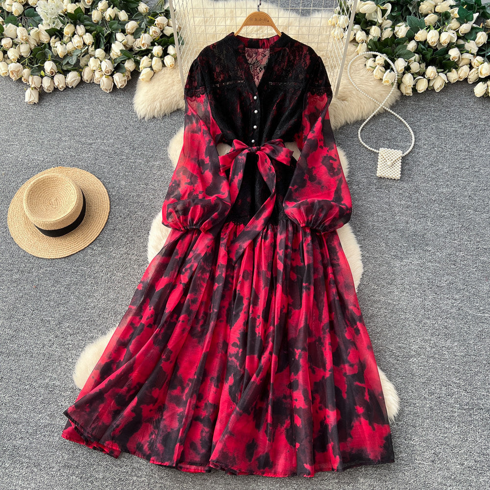 Gentle wind lacepatchworkelegantdress women's summerclassy sense of binding color matching waist printing long skirt work clothing
