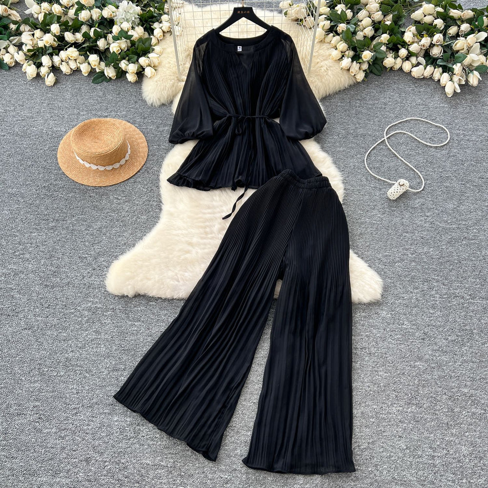 spring two-piece set for women: ruched v-neck tie-waist lantern sleeve top + high-waisted pleated wide-leg cropped pants