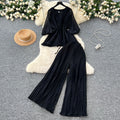 spring two-piece set for women: ruched v-neck tie-waist lantern sleeve top + high-waisted pleated wide-leg cropped pants