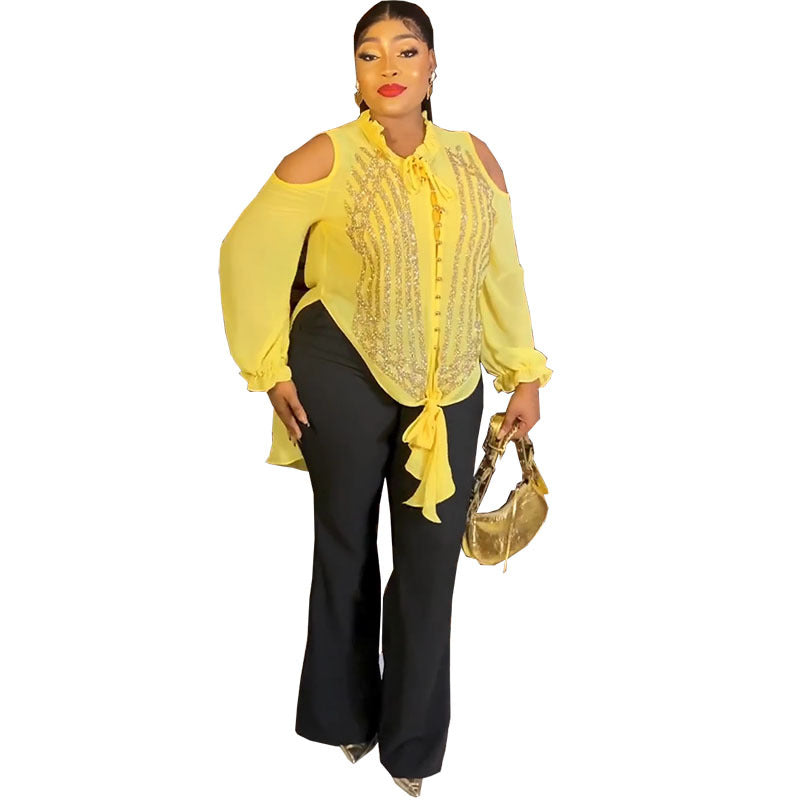 New african cross-border fashion: beaded blouse top and slim-fit pants set