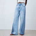 Fashionjeans women's light blue contrast color side seam patchwork wide-leg pants raw edge trousers washed loosemop denim