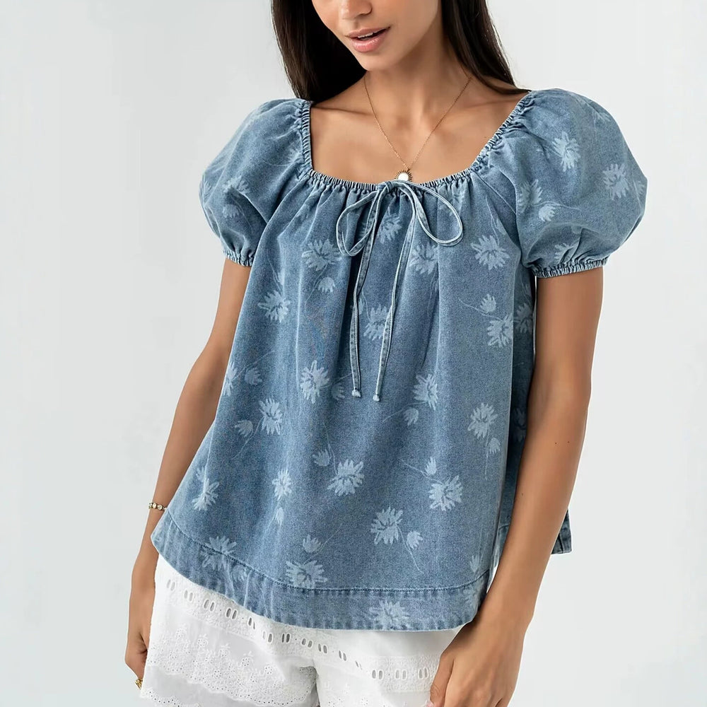 european and american new arrival cross-border  short printed tie-waist washed bubble sleeve women's denim top